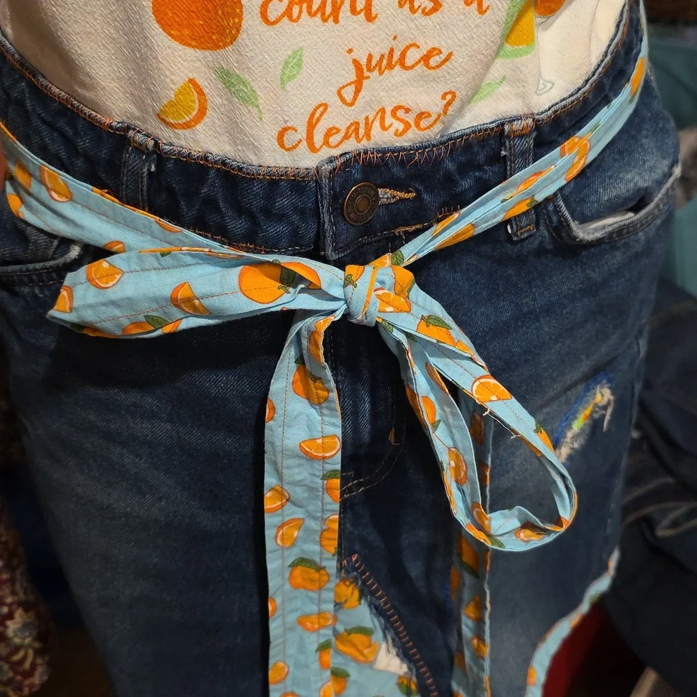 Upcycled Apron Juice Cleans Oranges & Champagne Mimosa  Blue Denim Jeans
